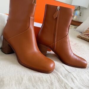 Women's Tan Mid-Calf Leather Block Heel Boots